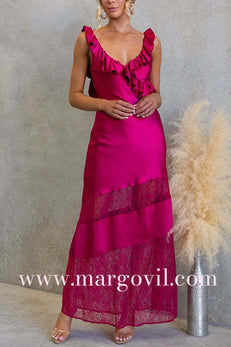 Ruffle Trim Sleeveless Open Back Lace Splice Satin Maxi Dress