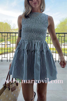 Boat Neck Sleeveless Smocked Bodice Striped Mini Dress