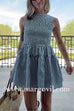 Boat Neck Sleeveless Smocked Bodice Striped Mini Dress