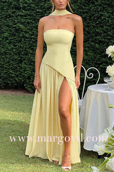 Margovil Strapless Back Lace-up High Slit Splice Maxi Dress