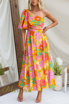 One Shoulder Waisted Floral Print Swing Maxi Holiday Dress