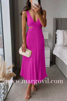 7 Colors Chicest V Neck Cut Out Waist Sleeveless Pleated Maxi Dress