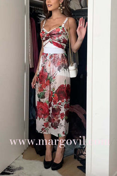 Floral Print Ruched Crop Cami Top and High Waist Midi Skirt Set