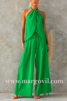 Sleeveless Halter Slit Top Tie Waist Wide Leg Pants Set