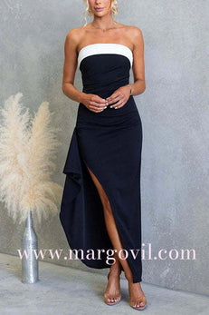 Strapless Draped Slit Color Block Maxi Dress