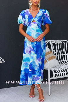 V Neck Twist Front Puff Sleeves Floral Print Midi Dress