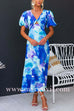V Neck Twist Front Puff Sleeves Floral Print Midi Dress
