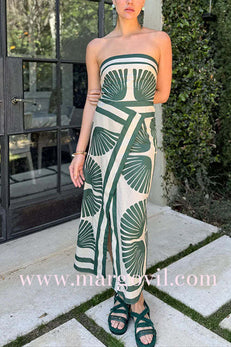Strapless Wrap Front Slit Print Maxi Dress
