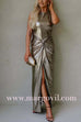 Halter Open Back Twist Front Slit Metallic Maxi Dress