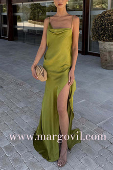 Margovil High Slit Back Drape Cascading Satin Maxi Cami Dress