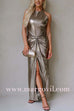 Halter Open Back Twist Front Slit Metallic Maxi Dress