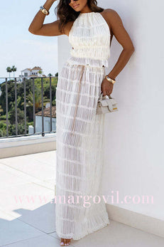 Margovil Frilled Halter Open Back Crop Top and Pleated Maxi Skirt Set
