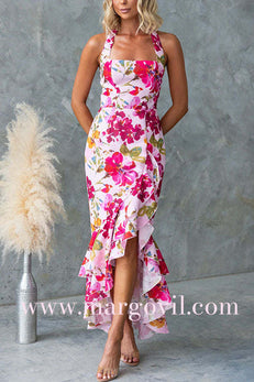 Halter Sleeveless Ruffle Hem Slit Floral Print Maxi Dress