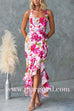Halter Sleeveless Ruffle Hem Slit Floral Print Maxi Dress