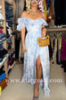 Off Shoulder Tie Waist High Slit Floral Print Ruffle Maxi Dress