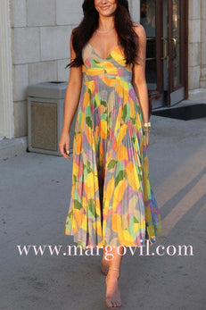 Margovil V Neck Printed High Waist Pleated Midi Cami Dress