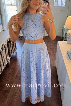Margovil Lace Hollow Out Sleeveless Crop Top High Waist Maxi Skirt Set