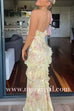 Margovil Spaghetti Strap Backless Ruffle Trim Printed Maxi Dress