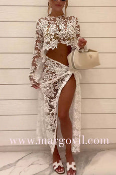 Margovil Long Sleeves Crop Top and Tie Waist Wrap Maxi Skirt Lace Set