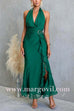Halter Open Back Gold Buckle Detail Ruffle Slit Maxi Dress
