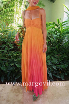 Ruched Back Lace-up Gradient Pleated Maxi Cami Dress