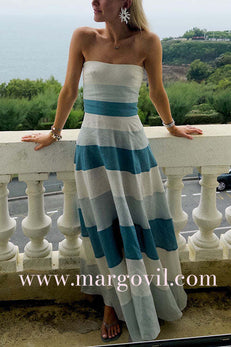 Strapless Color Block A-line Swing Maxi Dress
