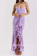 Margovil Spaghetti Strap Frill Trim Draped Slit Maxi Dress