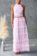 Margovil Ruffle Trim Halter Open Back Crop Top and Drawstring Waist Maxi Skirt Set