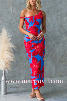 Asymmetric Neck Back Slit Floral Print Maxi Dress