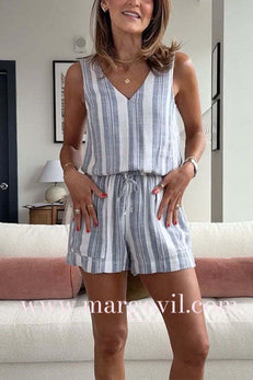 V Neck Sleeveless Drawstring Waist Striped Romper