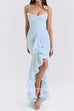 Margovil Spaghetti Strap Frill Trim Draped Slit Maxi Dress