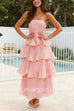 Margovil Strapless Empire Waist Ruffle Layered Maxi Dress