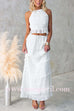 Margovil Halter Backless Crop Top and Ruffle Tiered Maxi Skirt Chiffon Set
