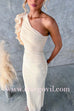 Ruffle Slant Shoulder Cut Out Waist Bodycon Maxi Dress