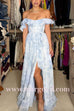 Off Shoulder Tie Waist High Slit Floral Print Ruffle Maxi Dress