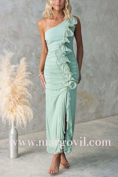 Margovil One Shoulder Slit Ruffle Mesh Maxi Dress