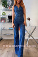 Margovil Zip Up Sleeveless Heart Back Bell Bottom Denim Jumpsuit