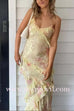 Margovil Spaghetti Strap Backless Ruffle Trim Printed Maxi Dress