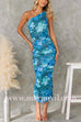 One Shoulder Ruched Back Slit Floral Print Bodycon Midi Dress