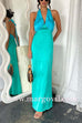 Deep V Neck Halter Open Back Color Block Satin Maxi Dress