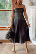 Strapless Pleated Faux Leather Midi Dress