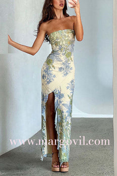 Margovil Strapless Ruffle Slit Floral Print Maxi Dress