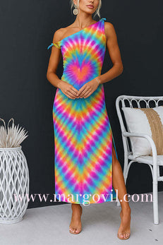 Asymmetric One Shoulder Side Slit Rainbow Print Maxi Dress