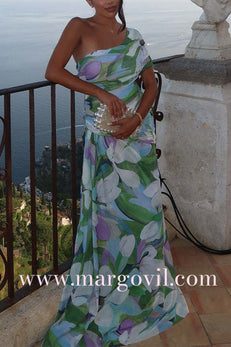 One Shoulder Ruched Floral Print Maxi Party Dress