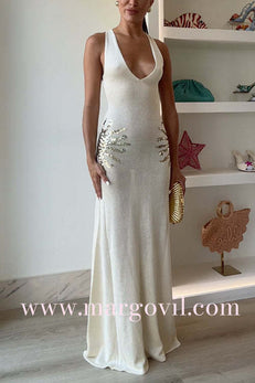 V Neck Sleeveless Open Back Knit Maxi Dress with Sequin