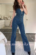 Margovil Zip Up Sleeveless Heart Back Bell Bottom Denim Jumpsuit