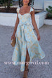 Margovil Ruffled Shoulder Bow Knot Waist Slit Printed Vintage Party Dress