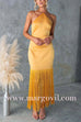 Margovil Halter Neck Patchwork Fringe Hem Satin Maxi Dress