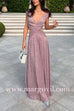 V Neck One Shoulder Cut Out Waist Metallic Maxi Party Dress