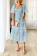 3 Colors Square Neck Short Sleeve Ruched Floral Midi Dress